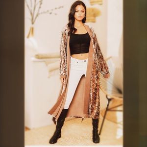 Rich GORGEOUS Brown Open Crushed Velvet Maxi Belted Kimono Duster Jacket